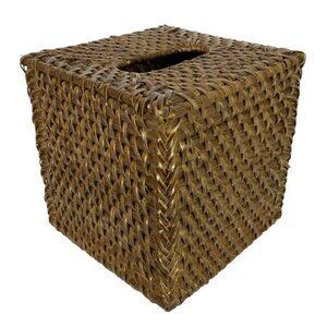 Brown Wicker Tissue Box Cover Square Basketweave Boho Decor Bathroom Accessory